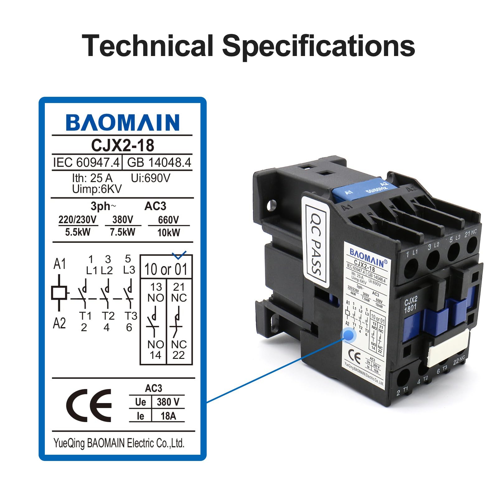 【T2ファクトリー・CarbonSchaft】 Baomain 3-Pole AC Contactor CJX2-1801 220VAC Coil, 3NO+1NC